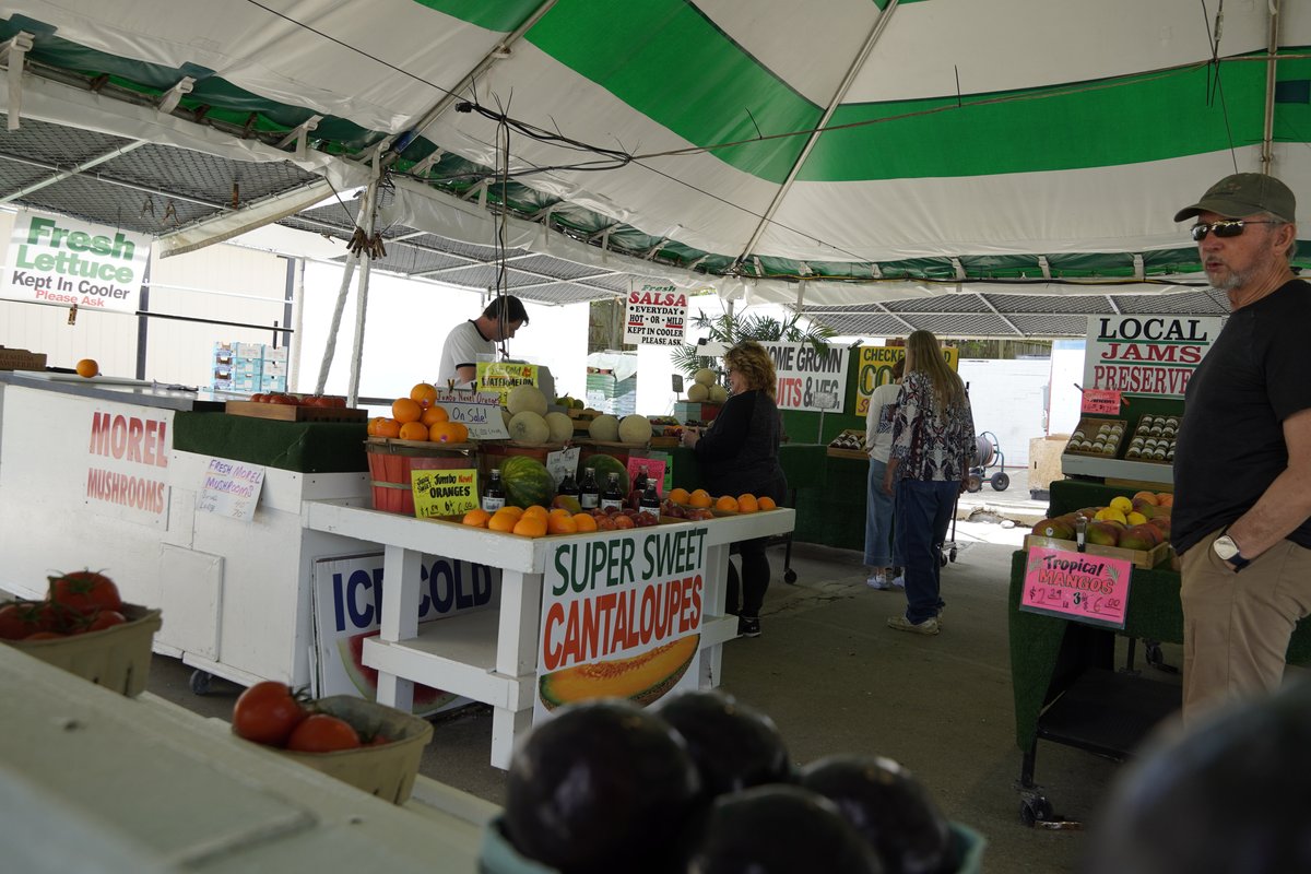 Inside the market - wide view of produce displays and shoppers